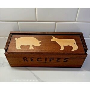 Vintage Wooden Recipe Box with Painted Cow Pig Farmhouse Kitchen‎ Decor 12"